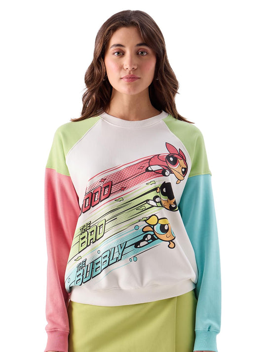 The Souled Store Official Powerpuff Girls: Good, Bad & Bubbly Women Oversized Sweatshirts Sweatshirts Hoodies Pullovers Crewneck Hooded Zip-Up Graphic Printed Solid Color Block Sportswear Casual
