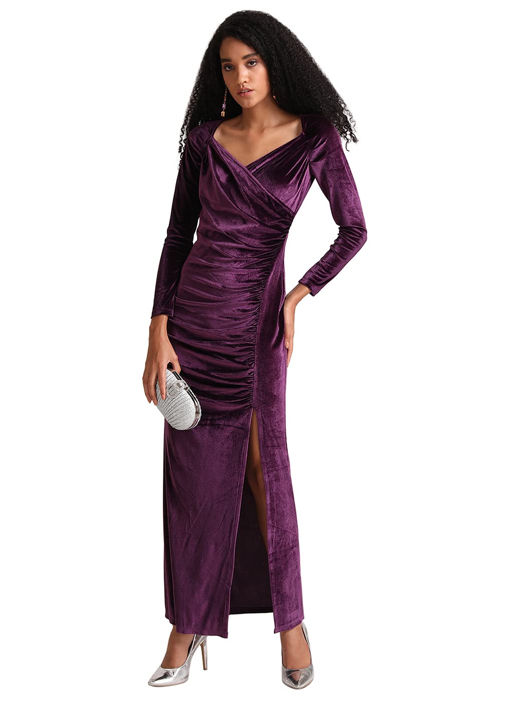 Kazo Solid Velvet V Neck Women's Maxi Dress (Purple)