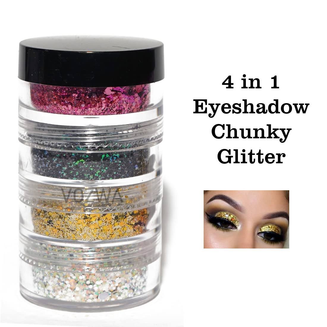 Vozwa 4 in 1 Eyeshadow Chunky and Fine Glitter Mix - (Pink + Black + Golden + Silver)