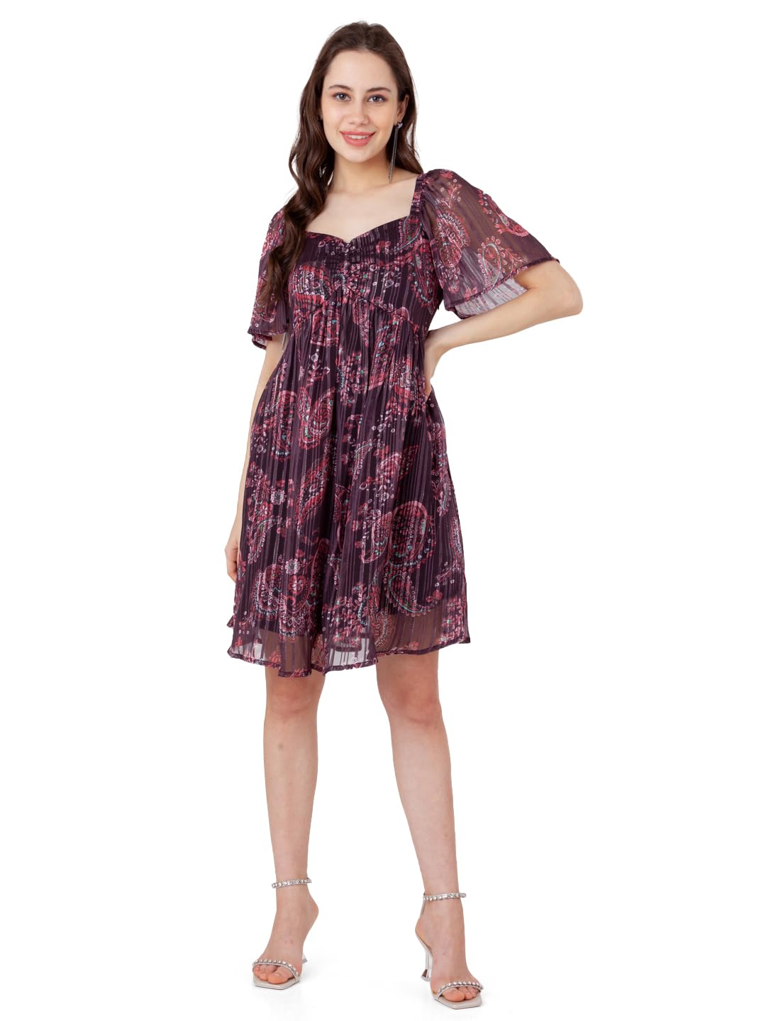 Zink London Women's Brown Printed Flared Short Dress