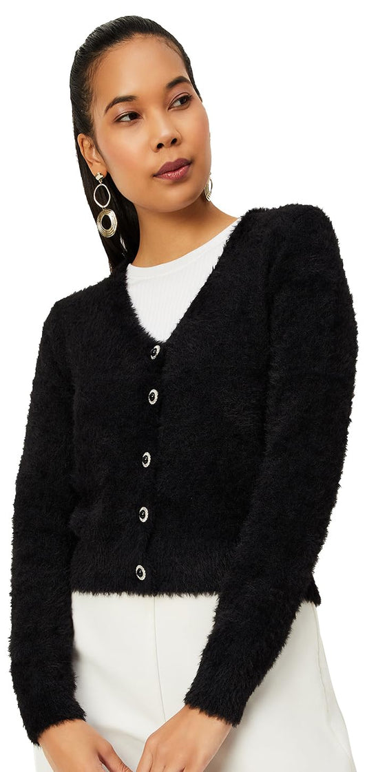 Max Women's Polyester Blend Casual Cardigan Sweater (DFS3003_Black