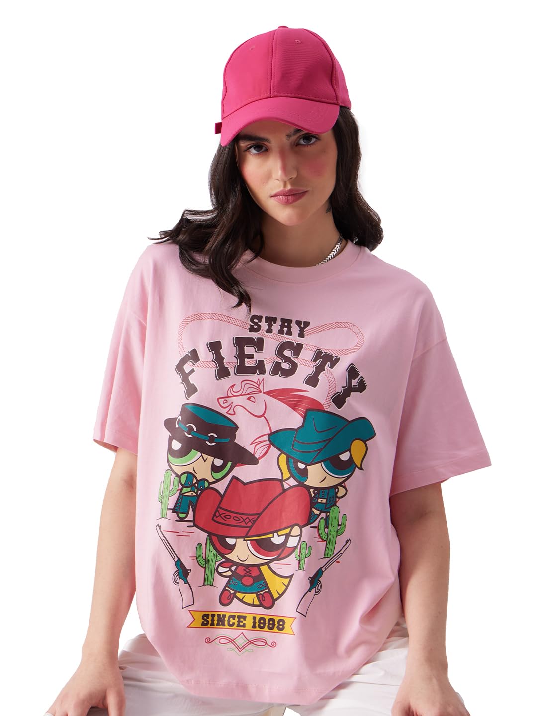 The Souled Store Powerpuff Girls: Stay Fiesty Womens Oversized Fit Graphic Printed Half Sleeve Cotton Pink Women Oversized T-Shirts Oversized T Shirts for Women T-Shirt Girls Cotton Casual Half