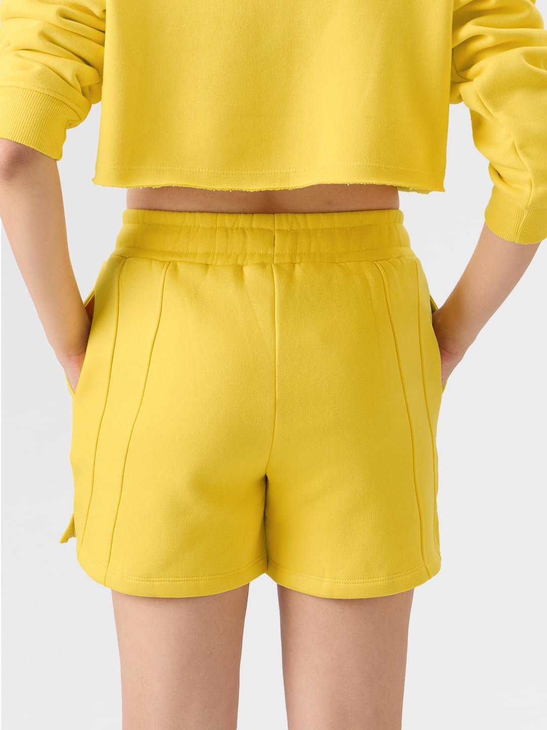 The Souled Store Amber Women Regular Fit Solid Yellow Color Cotton and Polyester Lounge Shorts SweatShorts Women's Sweat Shorts Athletic Lounge Gym Running Workout French Terry Cotton Drawstring