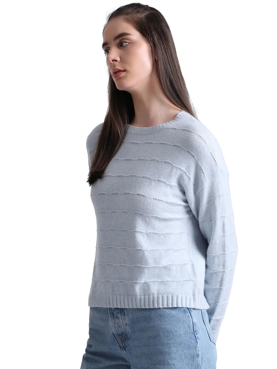 Only Women's Viscose Blend Round Neck Blue Sweater_Large