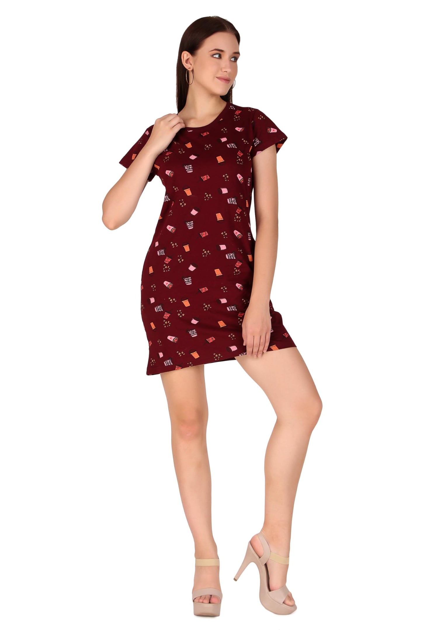 Stories.Label Women Cotton Long Printed Middies T-Shirt Dress in Knee Length with Side Pockets Include Plus Sizes, Western Casual One Piece T-Shirts Dresses for Girls (Maroon, 3XL)