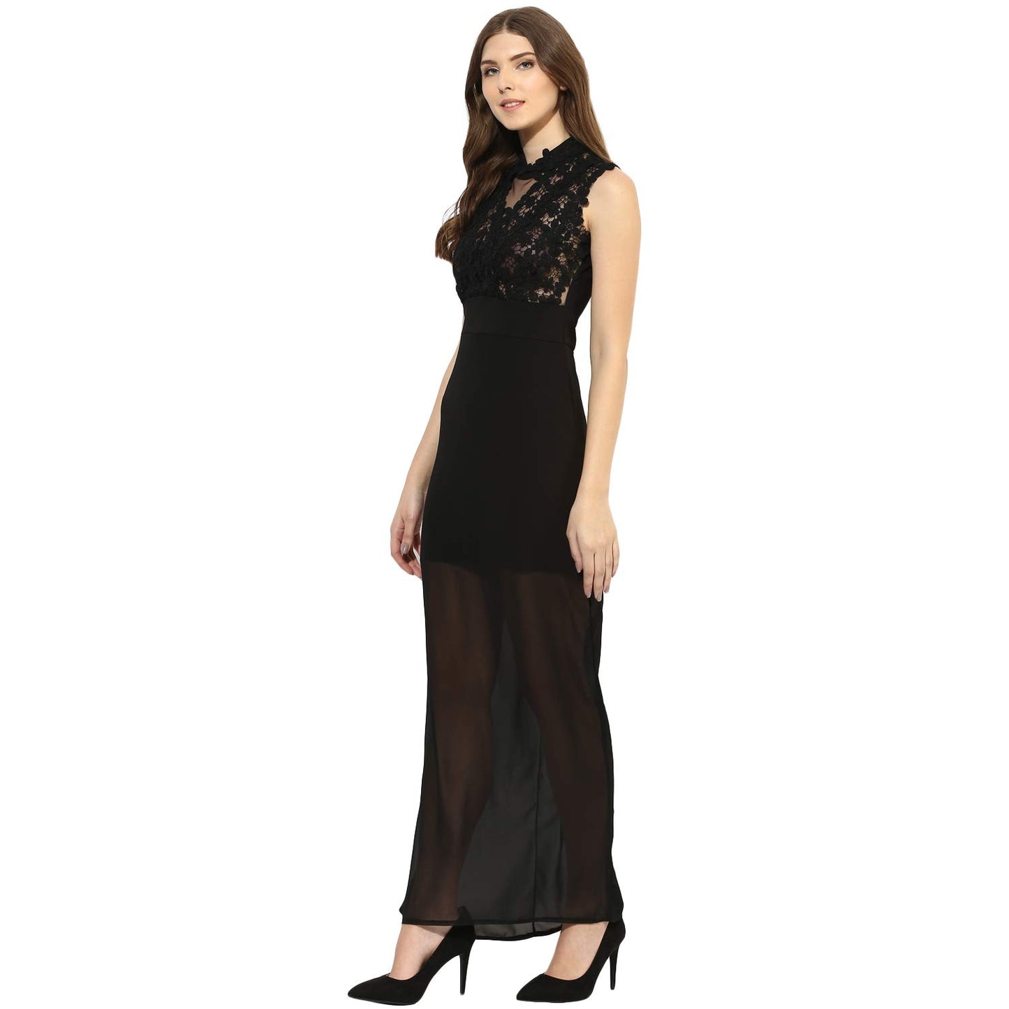 KLEIO Lace Panel Evening Maxi Dress for Women/Girl (Black)