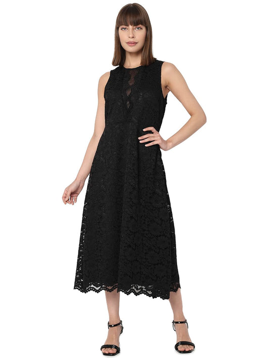 VERO MODA Women's Polyester A-Line Midi Dress (10302131-Jet Black_Jet