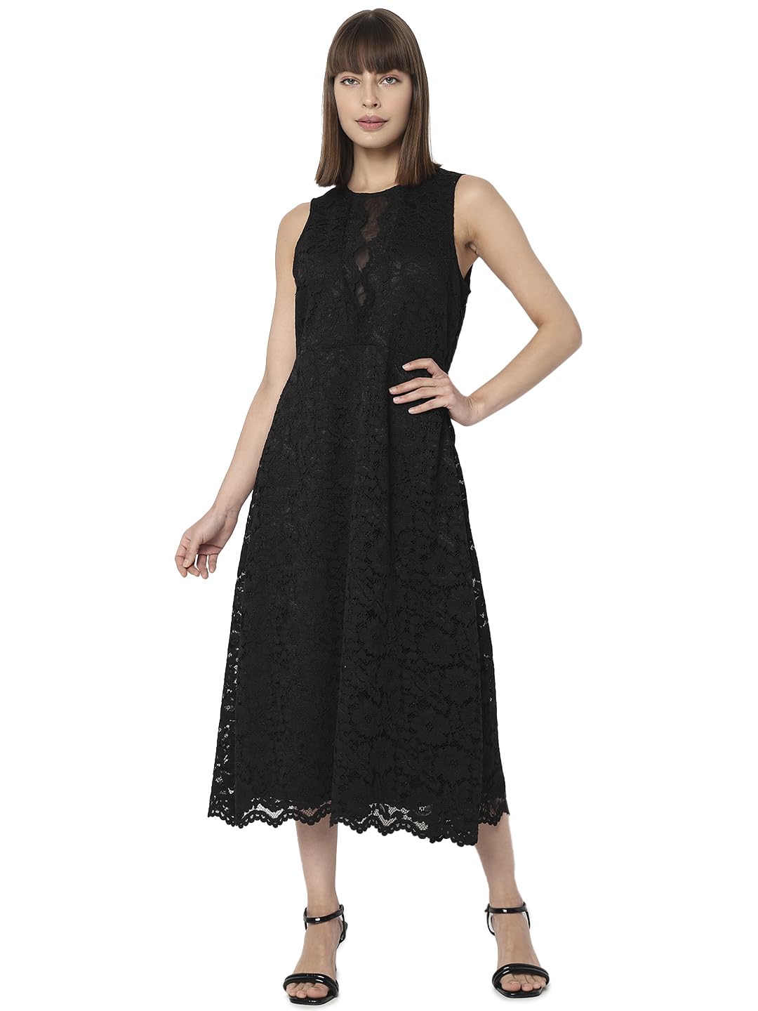 VERO MODA Women's Polyester A-Line Midi Dress (10302131-Jet Black_Jet