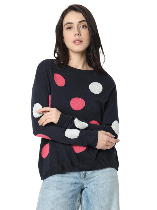 VERO MODA Women's Acrylic Round Neck Pullover Sweater (10316438-Dark Navy_Dark