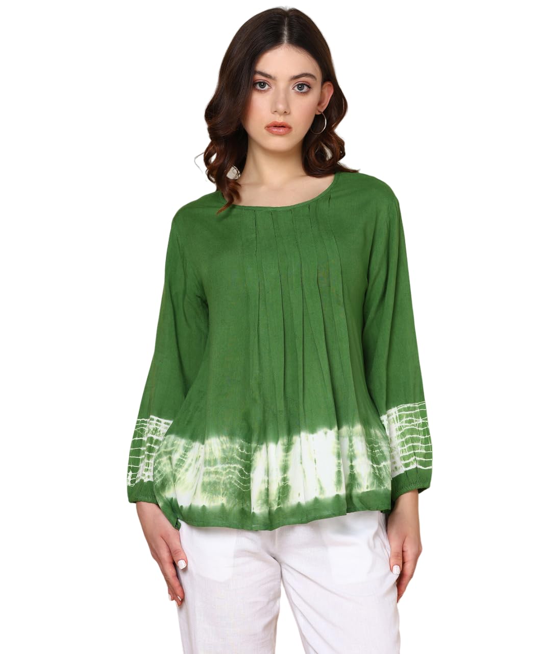 Maaesa Splash Tie Dyed Pleated Top for Women (Olive)