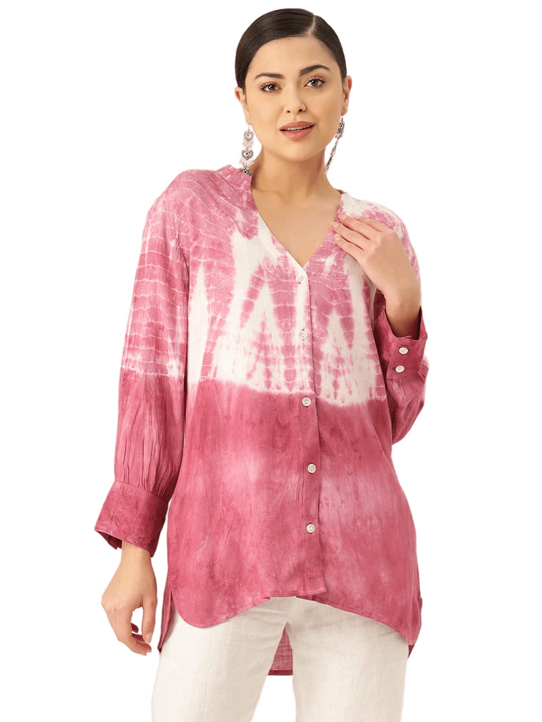 Maaesa Women Pink Ombre Dyed Rayon Shirt (Pink)