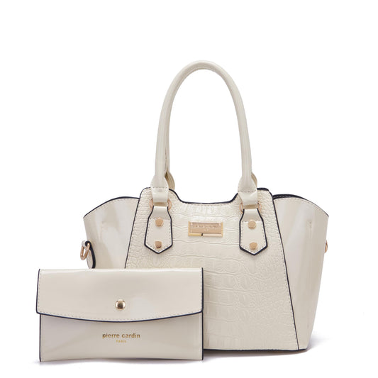 Pierre Cardin PU Leather Tote Bag For Women | Designed With Extra Zipper Pouch Inside & Detachable Strap | Spacious Compartment, Beige