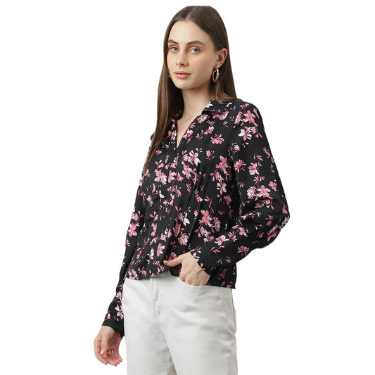 Latin Quarters Women's Black Full Sleeves Floral Printed Blouse | Regular fit Top for Girls_XL