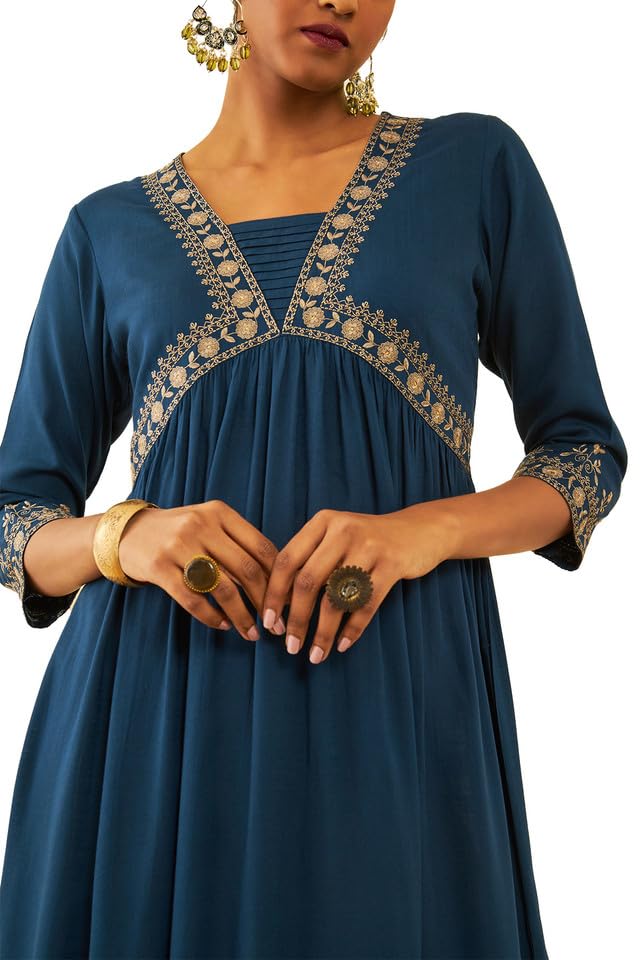 Soch Womens Blue Rayon Slub Embroidered Dress with Thread Work(8909058020508)