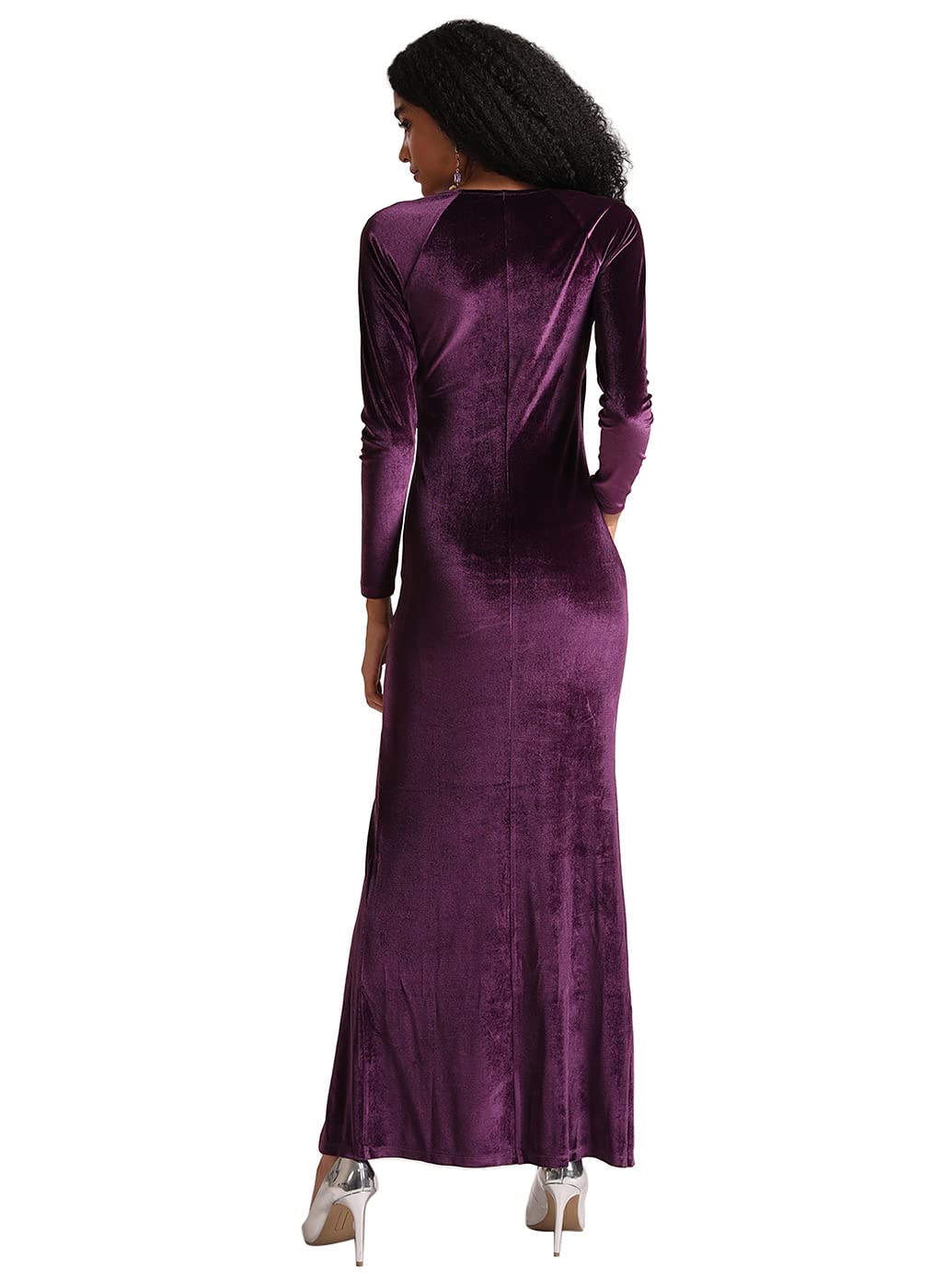 Kazo Solid Velvet V Neck Women's Maxi Dress (Purple)