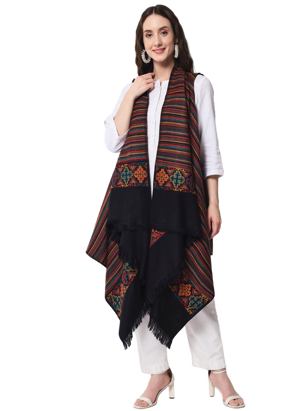 Zamour Kullu Weave Women's Woolen Shawl Collar Cape Shrug Top Woven in Himalayan Stripes (Multicolor)