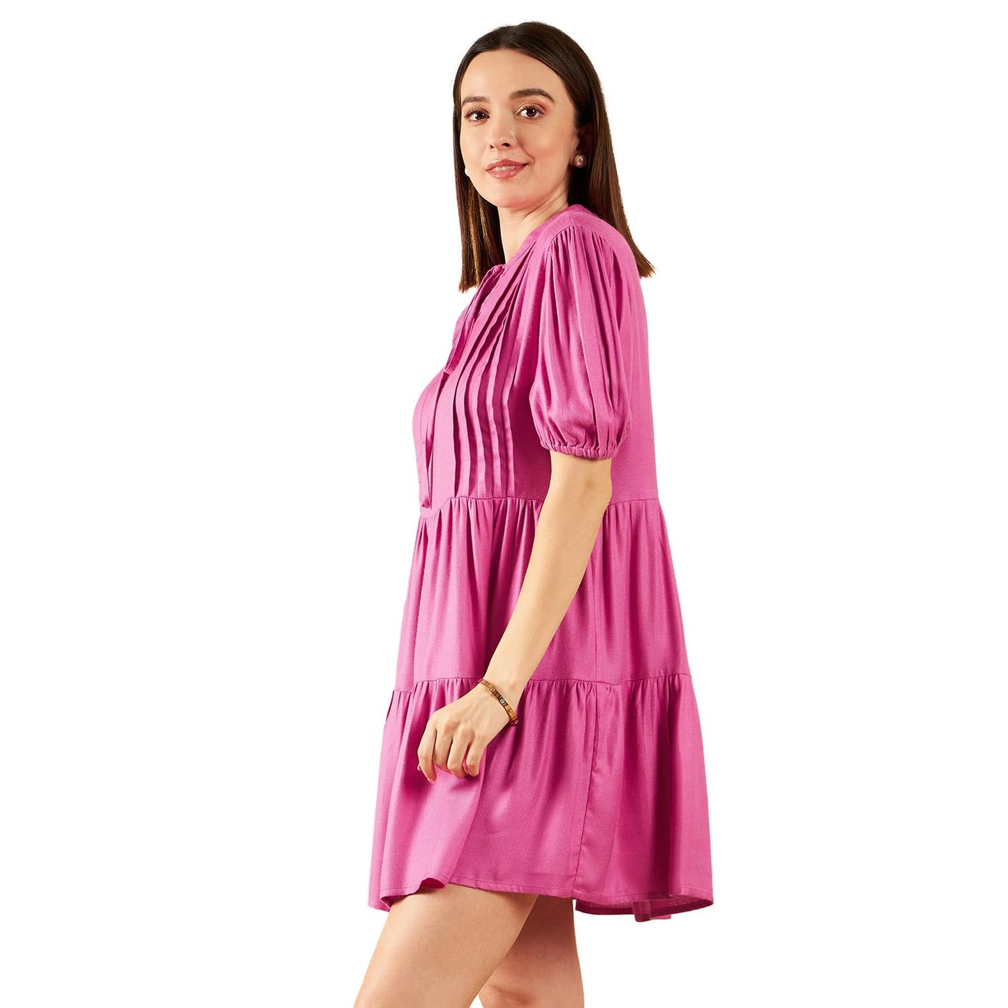 Marie Claire Women's Rayon Fit and Flare Mid-Thigh Length Dress (Pink)