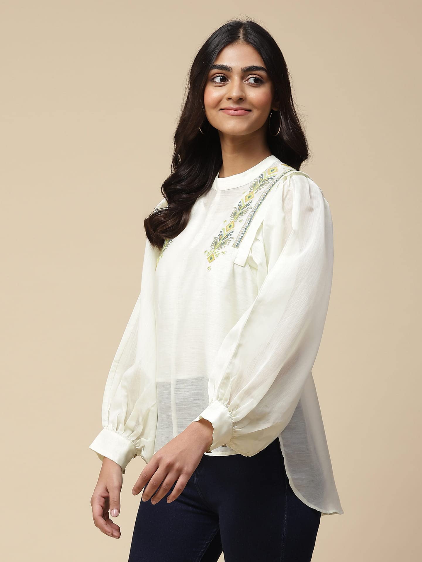 Aarke Ritu Kumar Lemon Yellow Embroidered Top with Puffed Sleeves