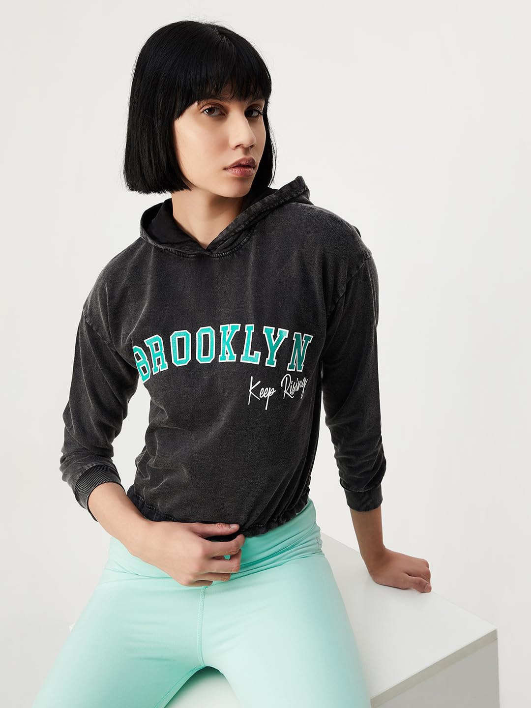 Max Women Printed Drop Shoulder Hooded Sweatshirt,Charcoal,S