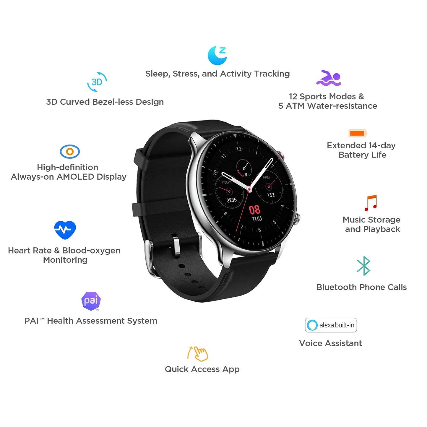 (Refurbished) Amazfit GTR 2 Smart Watch, 1.39" AMOLED Display, SpO2 & Stress Monitor, Built-in Alexa, Built-in GPS, Bluetooth Phone Calls, 3GB Music Storage, 14-Day Battery Life, 90 Sports Modes (Classic Edition)