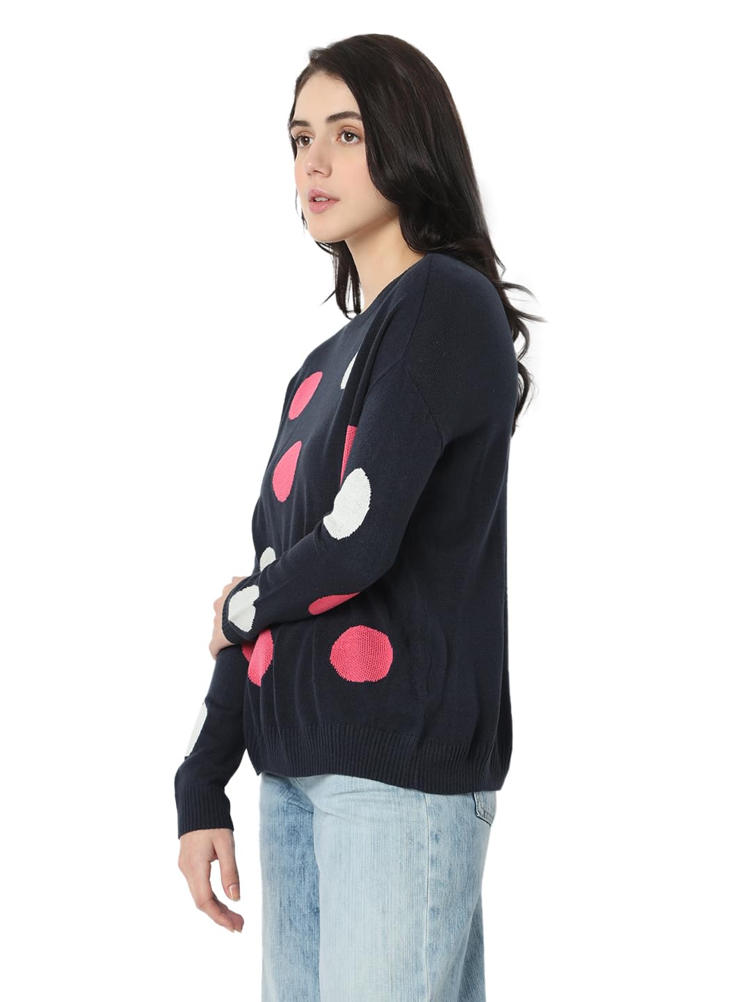VERO MODA Women's Acrylic Round Neck Pullover Sweater (10316438-Dark Navy_Dark