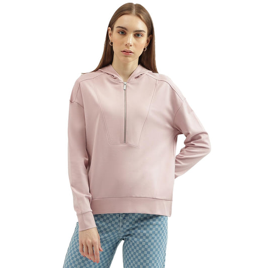 UNITED COLORS OF BENETTON Women's Regular Fit Hooded Neck Solid Sweatshirt (Size: L)-23A3INLKS096I24D Pink