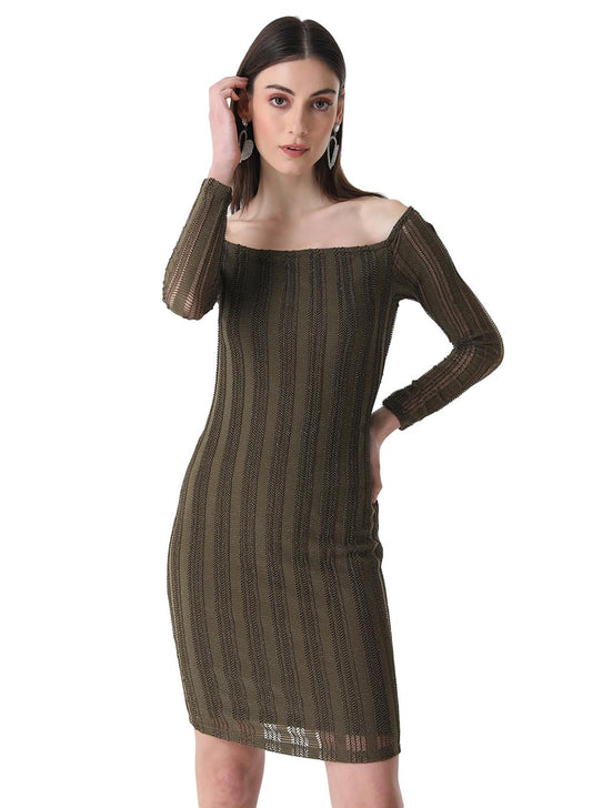 Kazo Women's Polyester Fit and Flare Standard Length Dress (Greenr) Olive