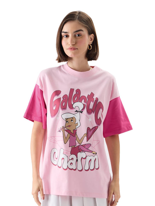 The Souled Store Official The Jetsons: Galactic Charm Women and Girls Oversize Fit Half Sleeves Graphic Printed Cotton Pink Color T-Shirt