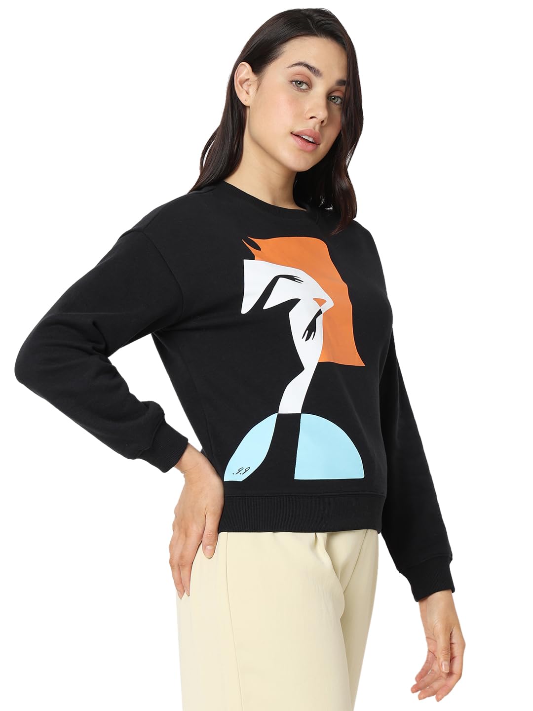 VERO MODA Women Graphic Print Black Cotton Regular Fit Sweatshirt