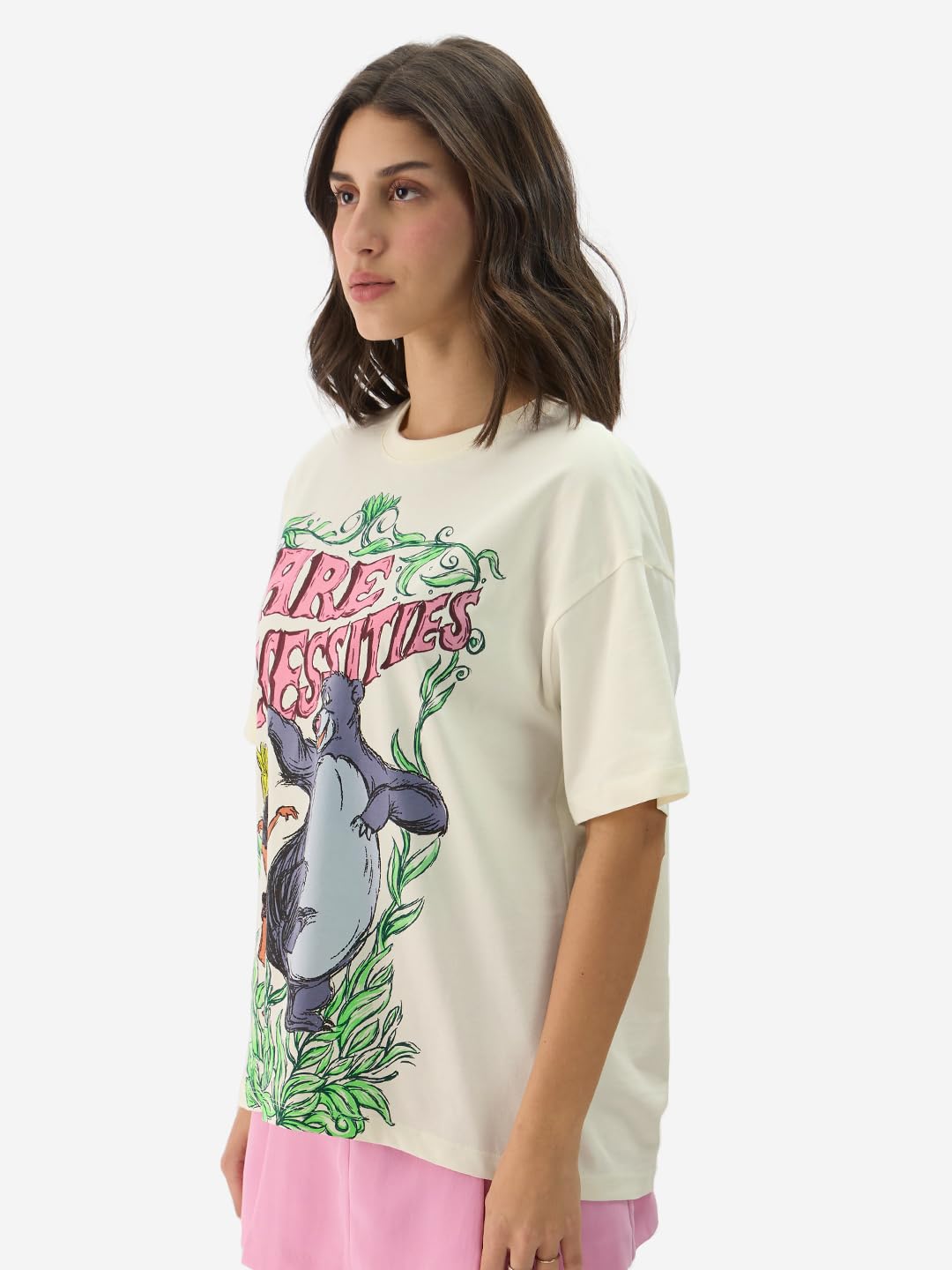 The Souled Store Official Disney: Bare Necessities Women and Girls Short Sleeve Round Neck White Graphic Print Cotton Oversized Fit T-Shirts Disney Old Retro Cartoon 90s Animated Character Themed