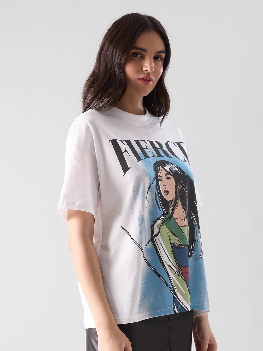 The Souled Store Mulan: Fierce Womens Oversized Fit Graphic Printed Half Sleeve Cotton White Women Oversized T-Shirts Women Oversized T-Shirts Fashionable Trendy Graphic Prints Pop Culture Merchandise