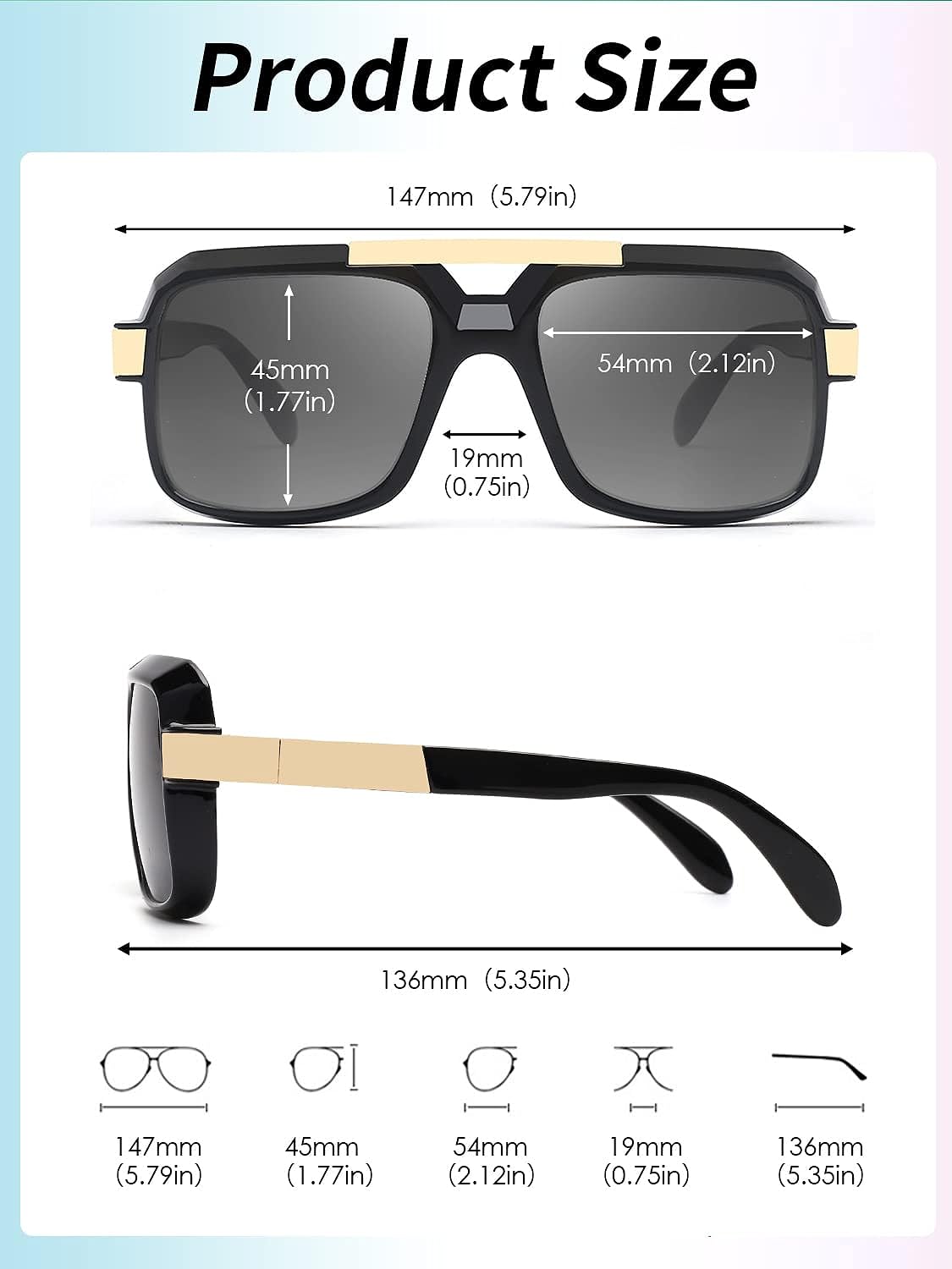 JIM HALO Oversized Polarized Aviator Sunglasses, Driving Trendy Square Flat Top Shades UV400 Shiny Black/Grey
