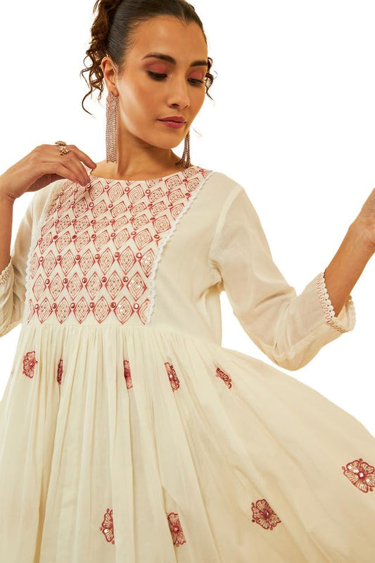 Soch Womens White Cotton Embroidered Dress with Thread Work(8909058011155)