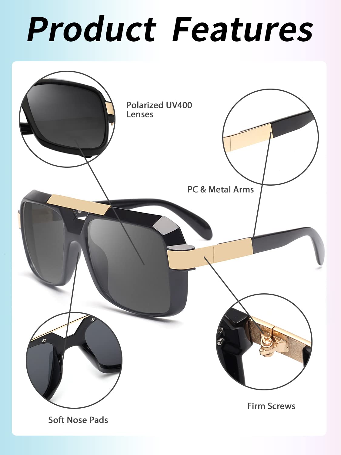 JIM HALO Oversized Polarized Aviator Sunglasses, Driving Trendy Square Flat  Top Shades UV400 Shiny Black/Grey