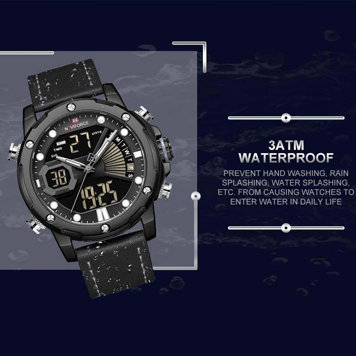 NAVIFORCE Men's Military Digital Watches Analog Quartz Waterproof Luminous Watch Sport Multifunctional Leather Wristwatches, GREY, Digital