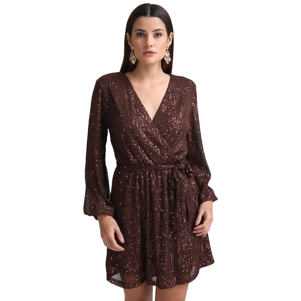 Kazo Abstract Satin V Neck Women's Mini Dress (Brown)