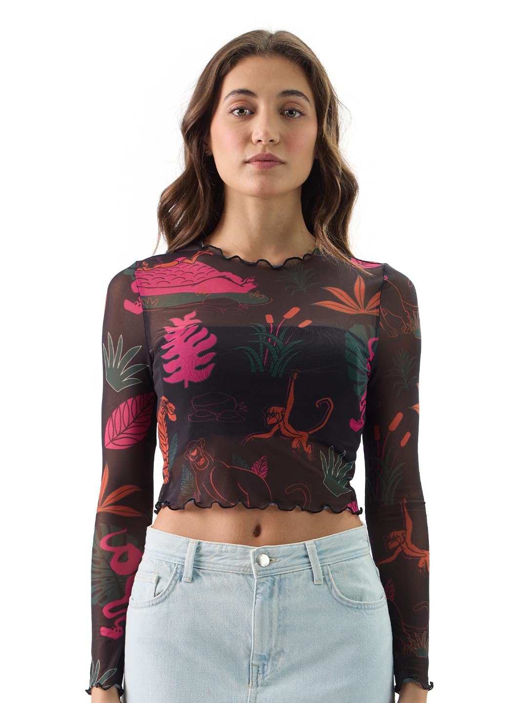 The Souled Store Official Mowgli & Friends Women and Girls Round Neck Full Sleeve Slim Fit Mesh Cropped Tops Black