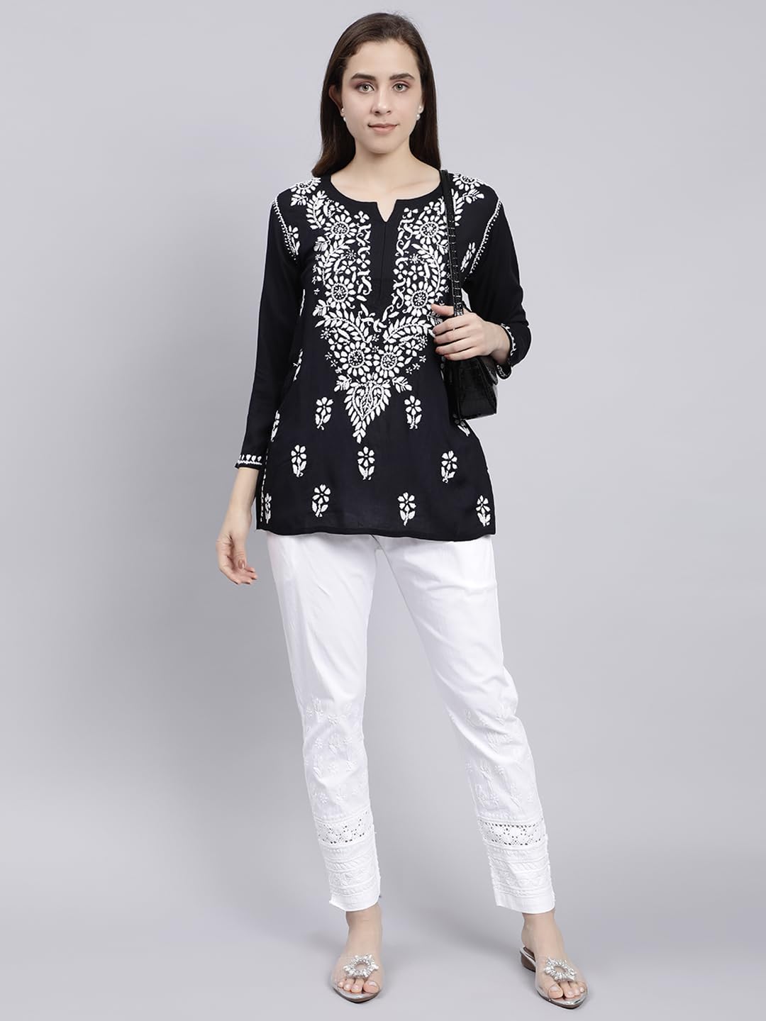 Seva Chikan Hand Embroidered Black Modal Lucknowi Chikankari Top (Black)