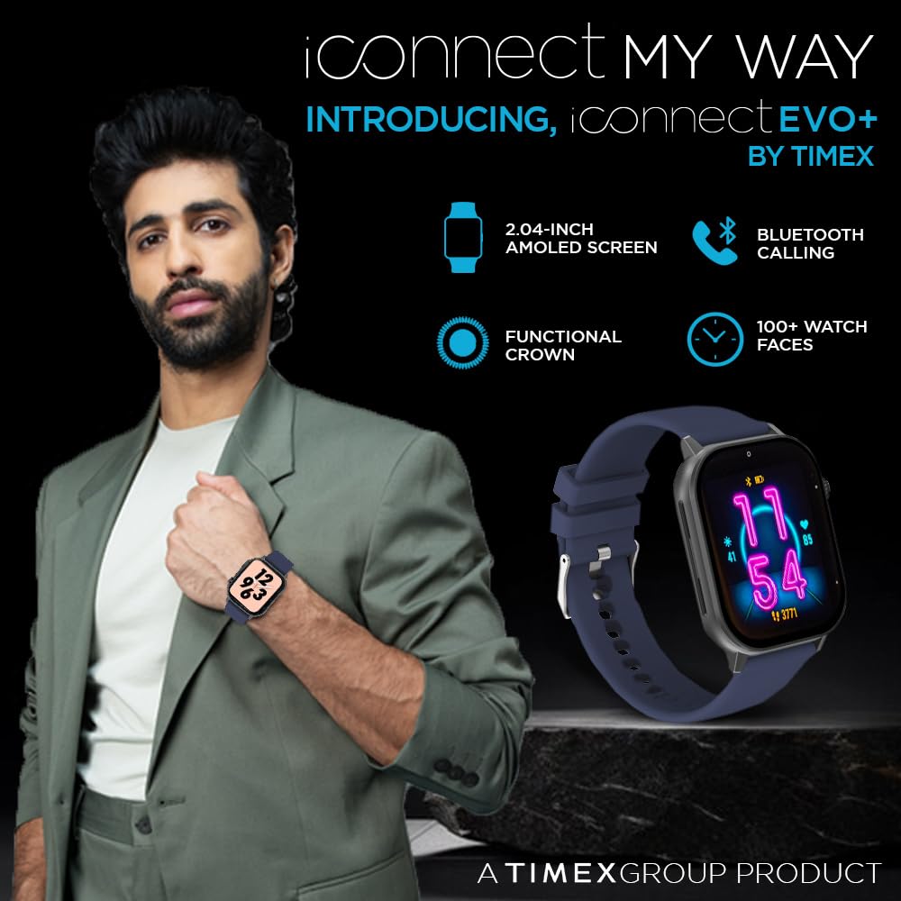 TIMEX iConnect EVO+Made in India Unisex Smartwatch|Largest Display 2.04" AMOLED with 368x448 Pixel Bluetooth Calling|Rotating Functional Crown|AI Voice Assist|Upto 7 Days Battery-TWIXW400T