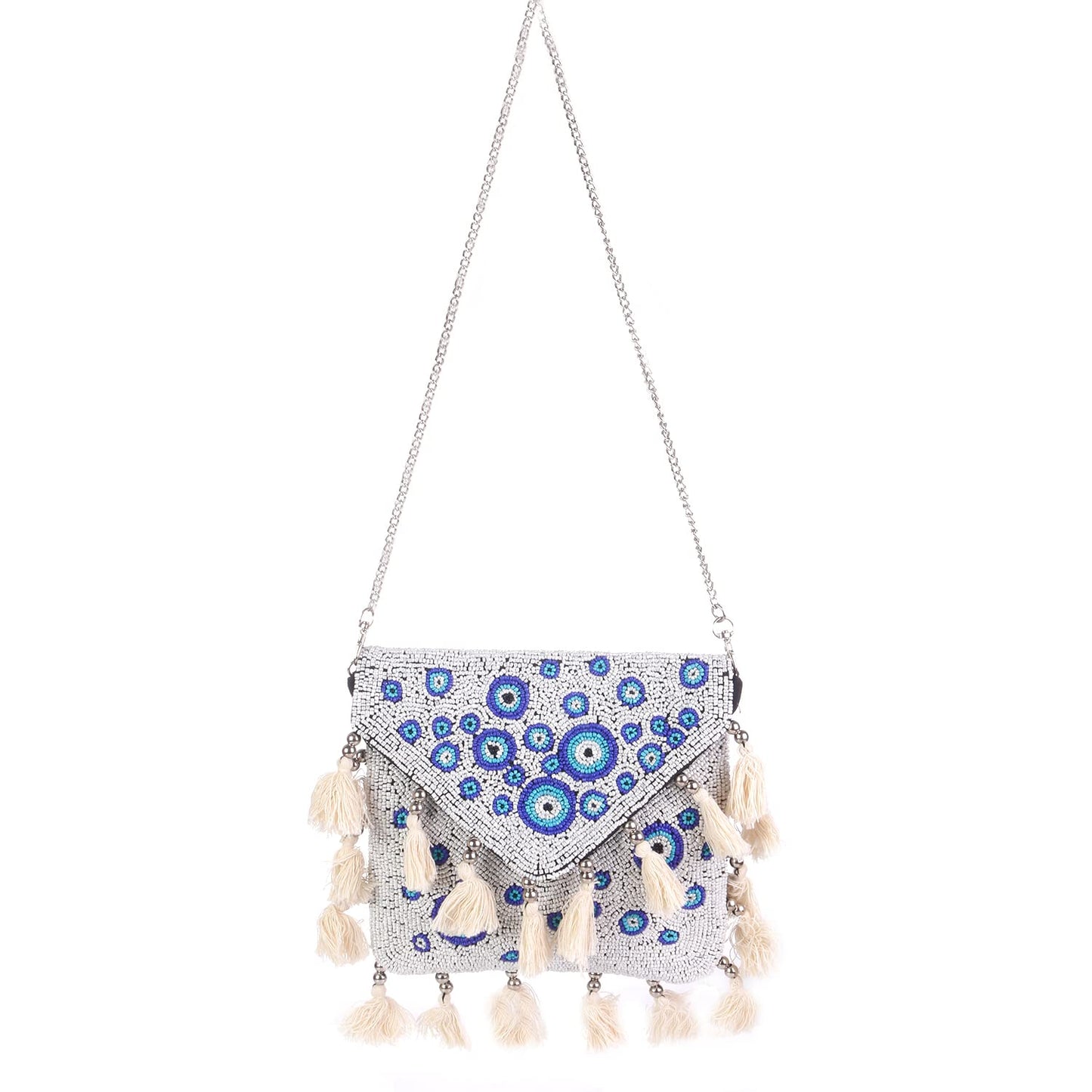 SWISNI White And Blue Designer Small Boho Bag| Clutch Sling Bag Indian Ethnic Clutch| Handcrafted Stylish Women's Bridal Clutch