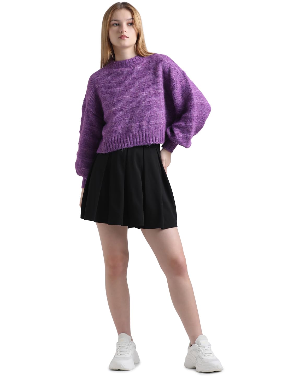 ONLY Women's Polyester Blend Round Neck Pullover Sweater (Amaranth Purple)