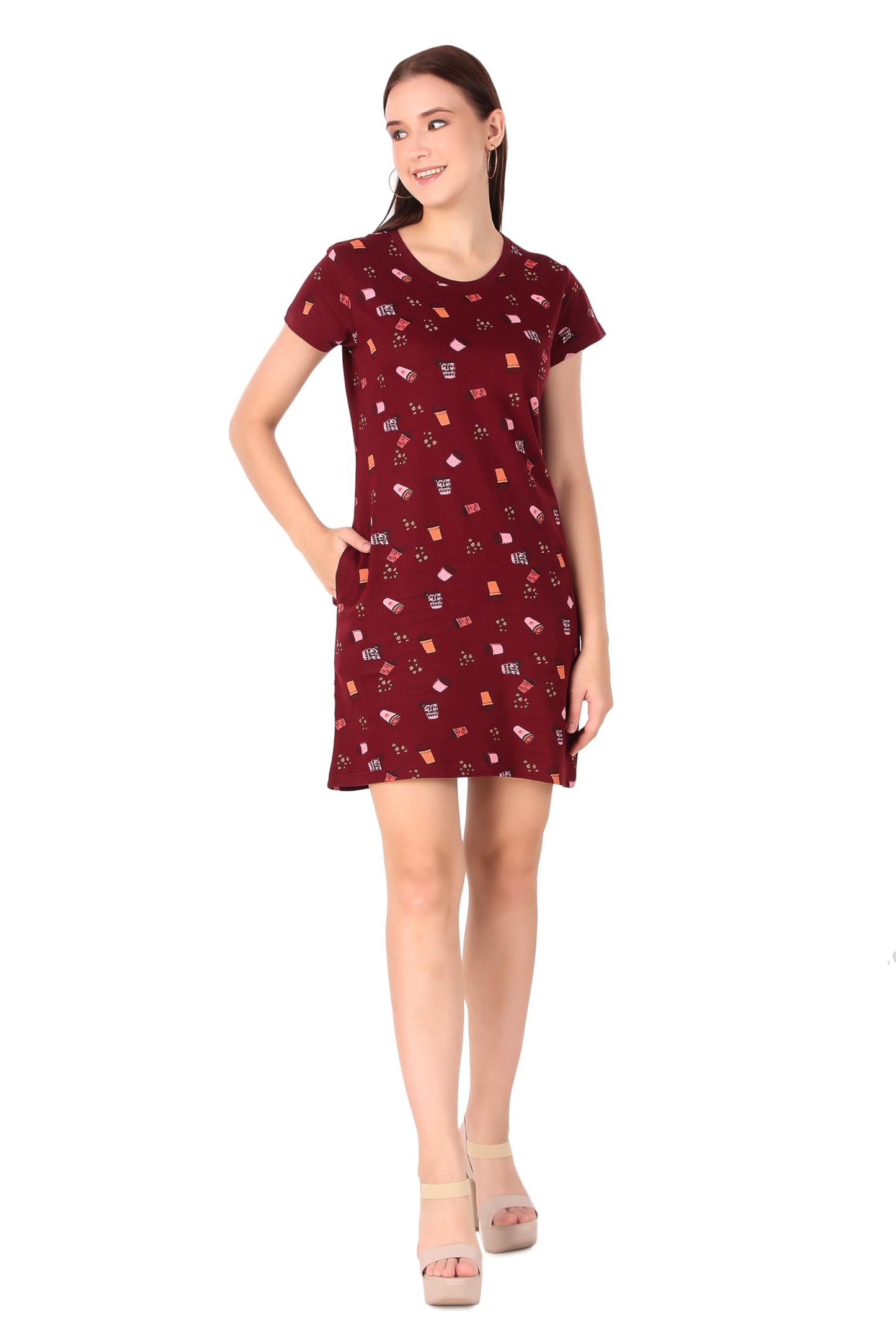 Stories.Label Women Cotton Long Printed Middies T-Shirt Dress in Knee Length with Side Pockets Include Plus Sizes, Western Casual One Piece T-Shirts Dresses for Girls (Maroon, 3XL)