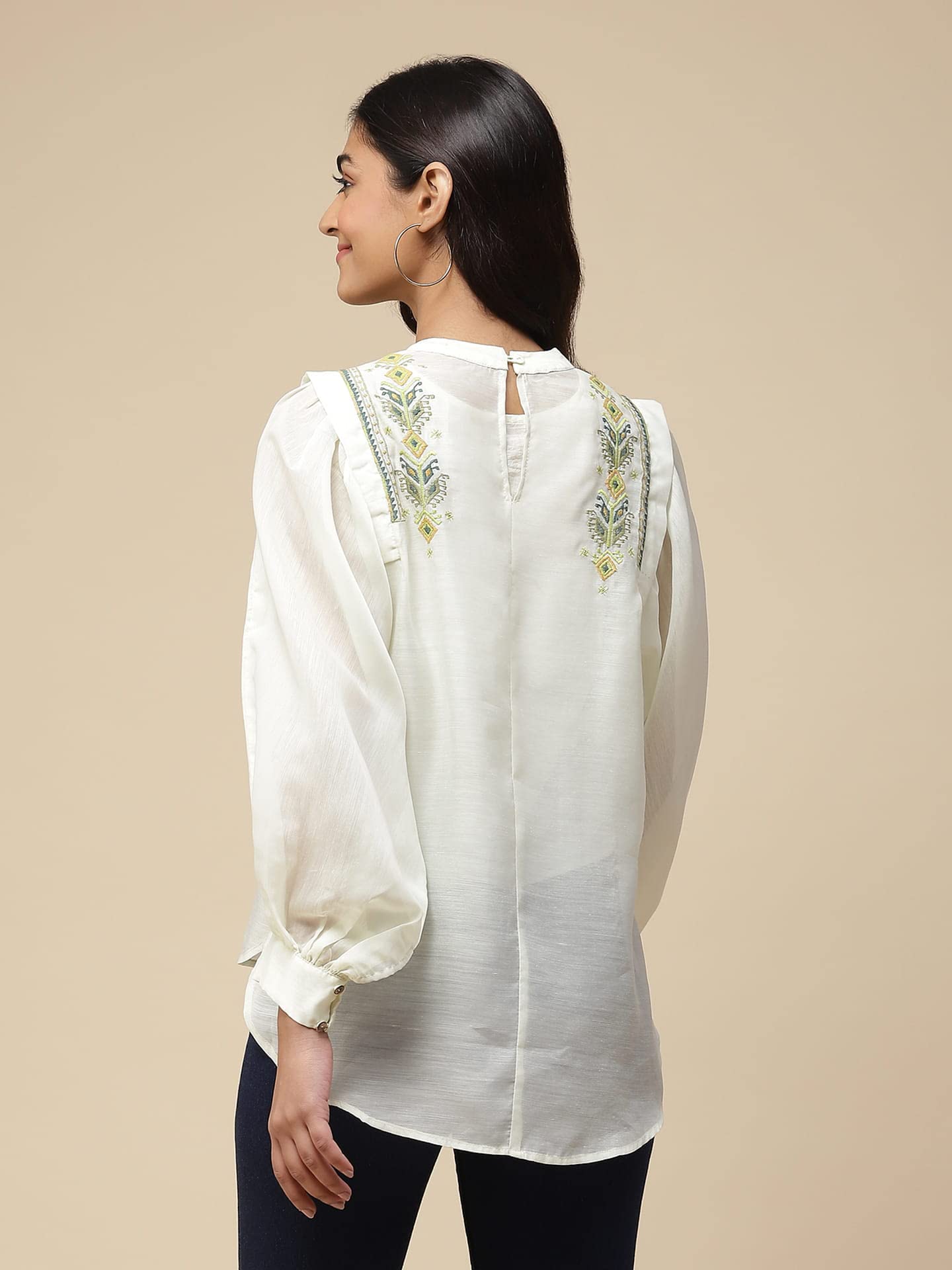 Aarke Ritu Kumar Lemon Yellow Embroidered Top with Puffed Sleeves