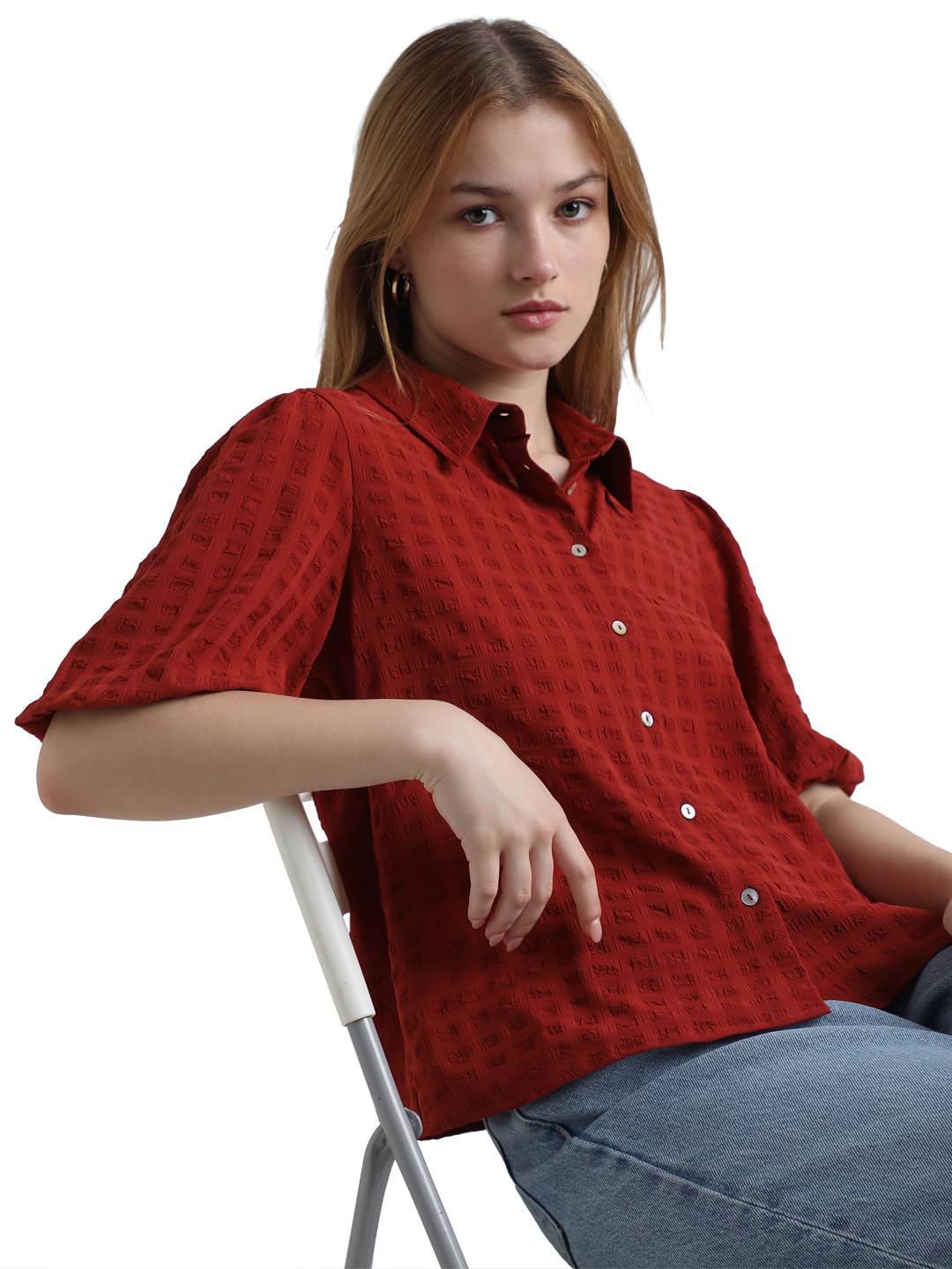 ONLY Women's Regular Fit Shirt (15323754-Red Ochre_Red