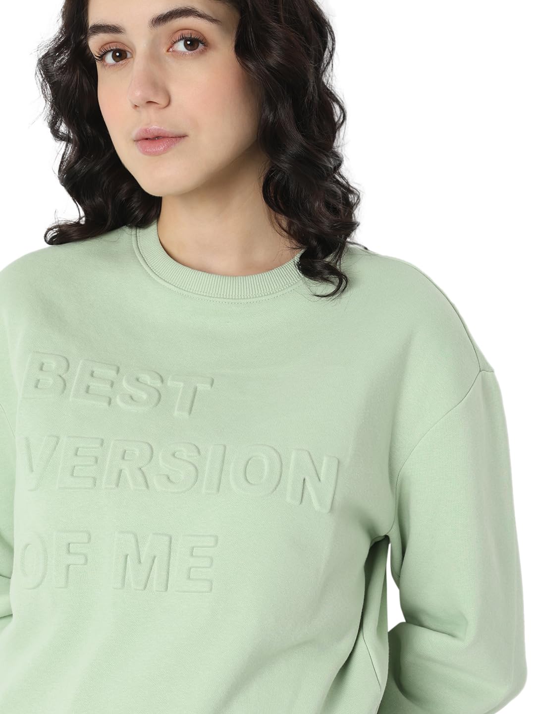 VERO MODA Women's Cotton Round Neck Sweatshirt (Smoke Green)