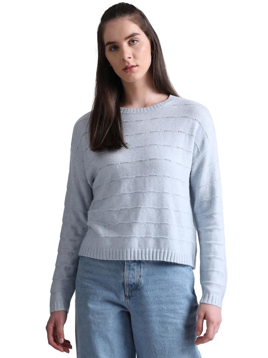 Only Women's Viscose Blend Round Neck Blue Sweater_Large
