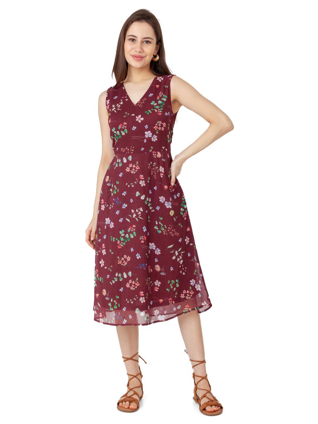 Zink London Women's Maroon Printed A-Line Midi Dress