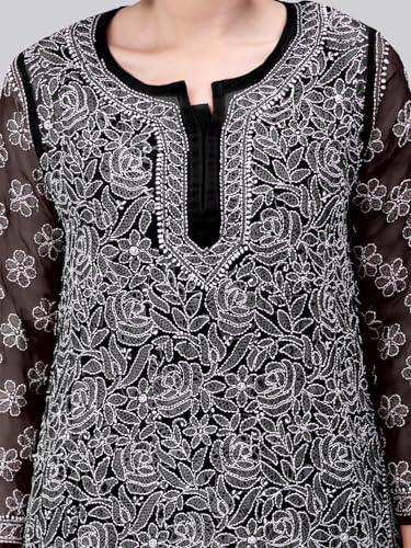 Seva Chikan Hand Embroidered Lucknowi Chikankari Black Georgette Short Top for Women with Cotton Slip (Black)