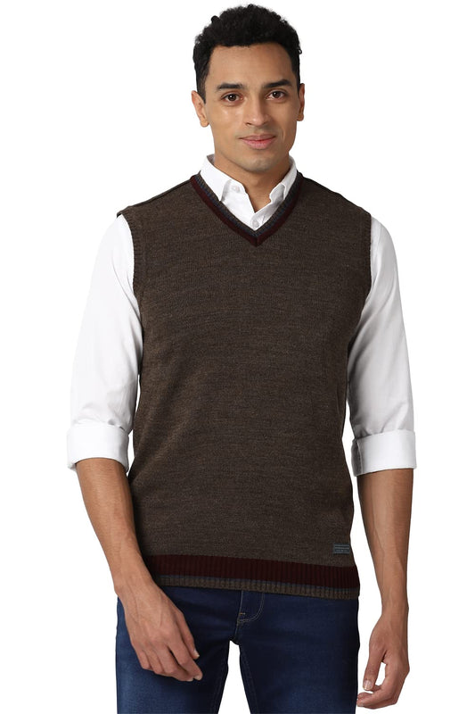 Peter England Men's Casual Acrylic Sweater (Dark Khaki)