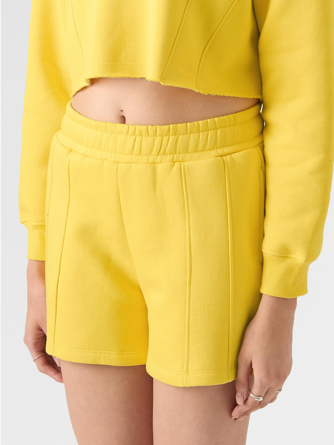 The Souled Store Amber Women Regular Fit Solid Yellow Color Cotton and Polyester Lounge Shorts SweatShorts Women's Sweat Shorts Athletic Lounge Gym Running Workout French Terry Cotton Drawstring